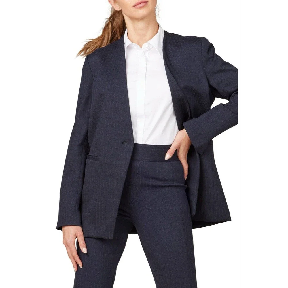 Spanx Perfect Oversized Blazer Womens L Navy Blue Collarless Ponte Office Career